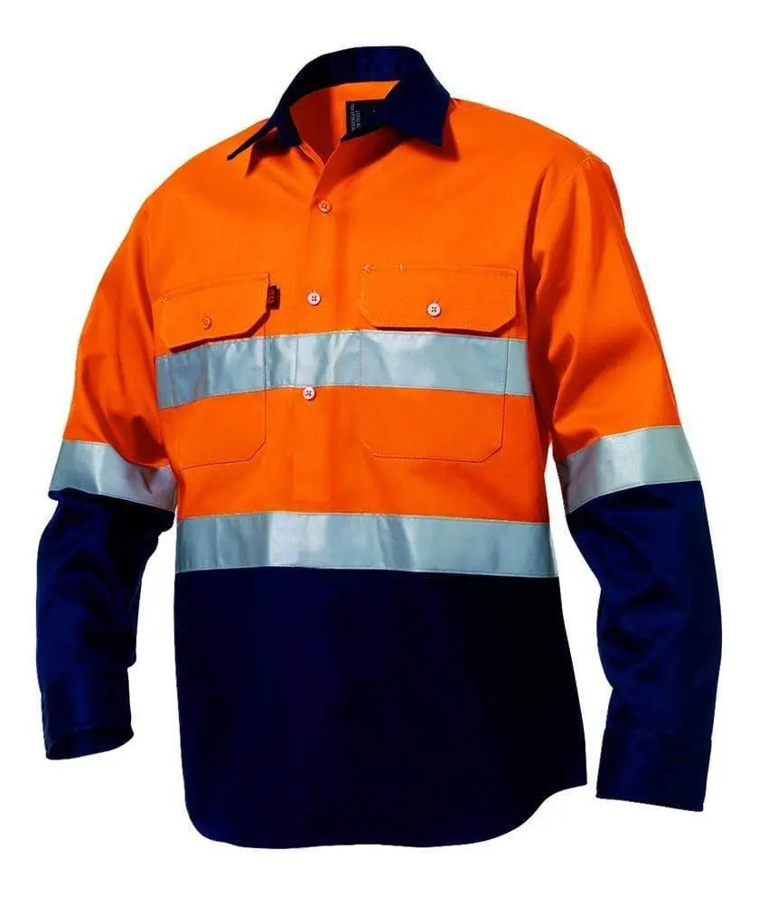 KingGee Work Wear Orange/Navy / S KingGee Hi-Vis Closed Front Reflective Spliced Drill Shirt L/S K54325